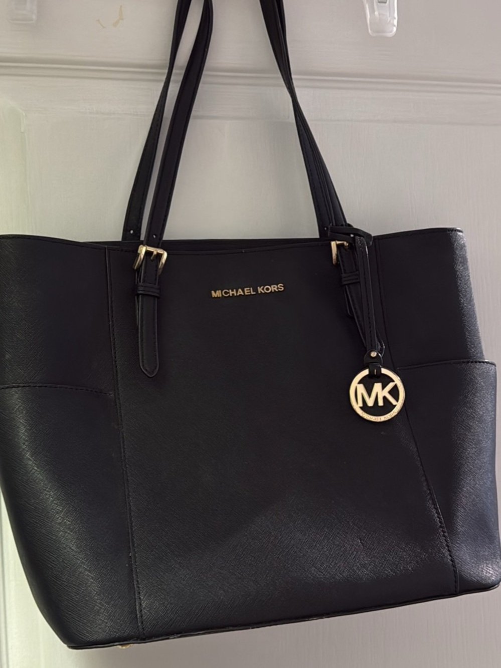 Michael Kors Black Leather Tote with Gold MK Charm